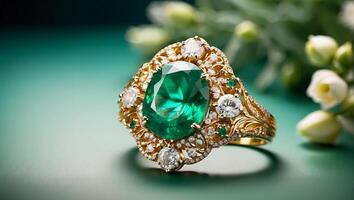 AI generated Beautiful gold ring with emerald, flowers photo