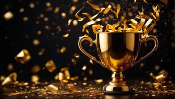 AI generated Golden winner cup on dark background photo