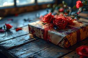 AI generated Wrapped in Love, A Gift Box Awaits, Symbolizing Affection on Valentine's Day or a Sweet Anniversary photo