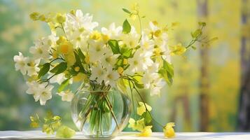 ai generado primavera ramo de flores en un transparente vaso florero a el ventana. hermosa amarillo verde y blanco flor arreglo foto