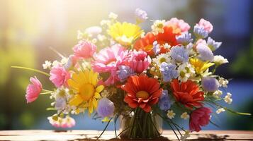ai generado vívido vistoso ramo de flores en un transparente vaso florero. brillante luz de sol hermosa flor acuerdo. foto