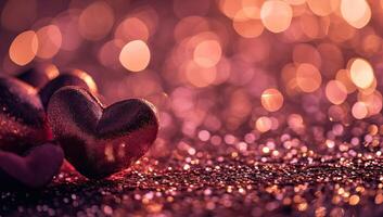 AI generated Valentines day background with red hearts and bokeh lights photo