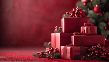 AI generated Christmas background with red gift boxes and christmas tree on red background photo
