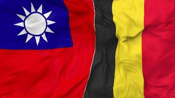 Taiwan and Belgium Flags Together Seamless Looping Background, Looped Bump Texture Cloth Waving Slow Motion, 3D Rendering video