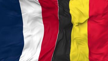 Francia y Bélgica banderas juntos sin costura bucle fondo, serpenteado bache textura paño ondulación lento movimiento, 3d representación video