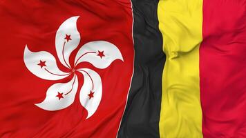Hong Kong and Belgium Flags Together Seamless Looping Background, Looped Bump Texture Cloth Waving Slow Motion, 3D Rendering video