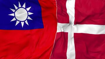 Taiwan and Denmark Flags Together Seamless Looping Background, Looped Bump Texture Cloth Waving Slow Motion, 3D Rendering video