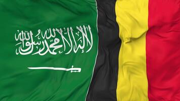 KSA, Kingdom of Saudi Arabia and Belgium Flags Together Seamless Looping Background, Looped Bump Texture Cloth Waving Slow Motion, 3D Rendering video