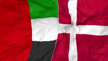 United Arab Emirates and Denmark Flags Together Seamless Looping Background, Looped Bump Texture Cloth Waving Slow Motion, 3D Rendering video
