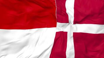 Indonesia and Denmark Flags Together Seamless Looping Background, Looped Bump Texture Cloth Waving Slow Motion, 3D Rendering video