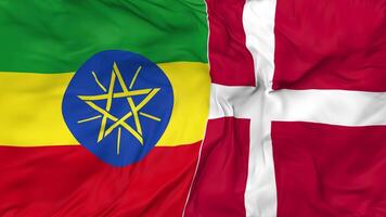 Ethiopia and Denmark Flags Together Seamless Looping Background, Looped Bump Texture Cloth Waving Slow Motion, 3D Rendering video