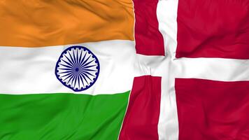 India and Denmark Flags Together Seamless Looping Background, Looped Bump Texture Cloth Waving Slow Motion, 3D Rendering video