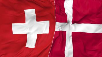 Switzerland and Denmark Flags Together Seamless Looping Background, Looped Bump Texture Cloth Waving Slow Motion, 3D Rendering video