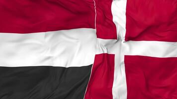 Jemen und Dänemark Flaggen zusammen nahtlos Schleifen Hintergrund, geloopt stoßen Textur Stoff winken schleppend Bewegung, 3d Rendern video
