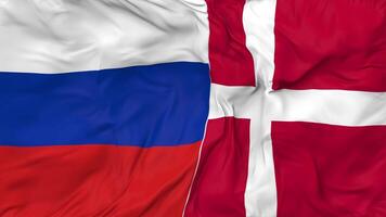 Russia and Denmark Flags Together Seamless Looping Background, Looped Bump Texture Cloth Waving Slow Motion, 3D Rendering video