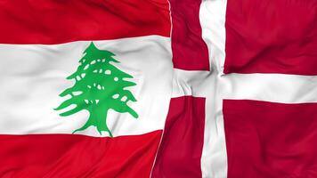 Líbano y Dinamarca banderas juntos sin costura bucle fondo, serpenteado bache textura paño ondulación lento movimiento, 3d representación video