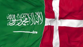 ksa, Royaume de saoudien Saoudite et Danemark drapeaux ensemble sans couture boucle arrière-plan, en boucle bosse texture tissu agitant lent mouvement, 3d le rendu video