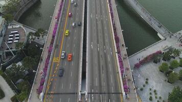 Aerial top view for highway in sunny summer day and footpath with purple flowers bushes. Shot. Above view car traffic on bridge over the river. video