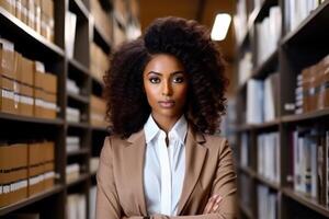 ai generado retrato de un elegante afroamericano bibliotecario en formal ropa, en pie en el Universidad biblioteca y mirando a el cámara foto