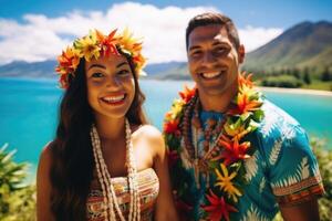 ai generado retrato de un contento hombre y mujer en nacional disfraces en vacaciones en contra el antecedentes de naturaleza. Polinesia foto