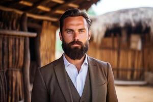 AI generated Portrait of a European man with a beard in a formal suit against the background of an African village photo