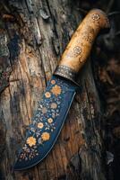 AI generated One Stylish Damascus steel kitchen knife on a wooden board photo