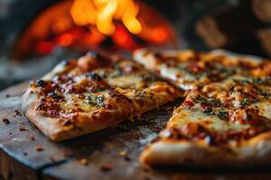 AI generated Delicious Italian pizza on the table near the oven, baked in a wood-burning oven photo