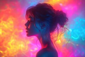 AI generated The girl's face in colorful bright neon ultraviolet and purple lights photo