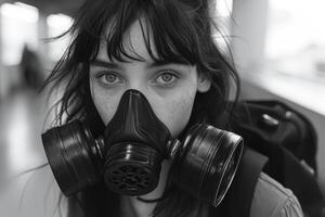 AI generated A girl in a gas mask on a city street. Protective breathing aid photo