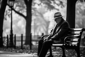 AI generated An elderly lady in casual attire and glasses sits on a bench during the day and reads a book photo