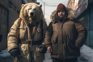 ai generado dos esquimales en piel abrigos estar fuera de en el invierno tarde. uno de ellos con un osos cabeza foto