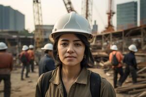 AI generated a woman engineer, builder or architect in a helmet against the background of a construction site photo