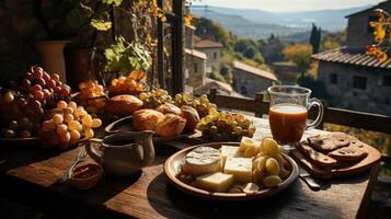 ai generado un Mañana taza de latté café soportes en un mesa en el terraza en contra el antecedentes de naturaleza foto