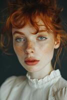 AI generated Portrait of a beautiful serious red-haired young girl in close-up photo