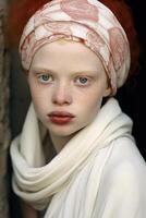 ai generado retrato de un albino africano niña en un oscuro antecedentes de cerca foto