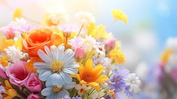 AI generated Bright colorful bouquet close up. Different flowers photograpy photo