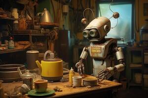 ai generado un cansado hogar robot limpia el cocina. el antiguo cocina foto