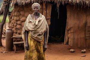 ai generado retrato de un africano mayor mujer en nacional ropa y un nacional tocado en el antecedentes de un casa en un pueblo foto