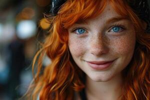 AI generated Portrait of a young red-haired woman on a street background. Long curly red hair photo