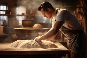 AI generated The baker chef knead the dough on the bread baking table photo