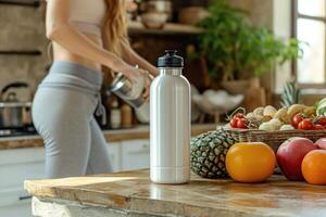 ai generado un contento joven mujer con un muscular cuerpo soportes en el cocina y prepara un Fruta zalamero foto