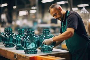 AI generated A glassblower inspects glass products at a traditional glass factory photo