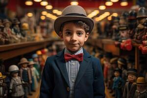 AI generated A cute boy in a suit with a butterfly stands against the background of toys in a children's store photo