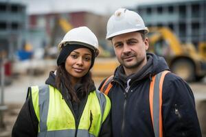 AI generated Portrait of two professional engineers or technicians standing in the background of a construction site photo