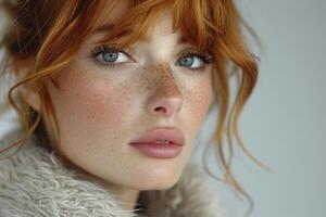 AI generated Portrait of a beautiful serious red-haired young girl in close-up photo