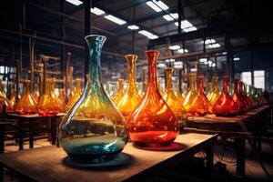 AI generated There are many manufactured empty colored glass jugs in stock photo