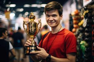 AI generated The lucky boy is the winner, holding a large sports cup in his hands and laughing, the concept of the winner photo