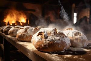 ai generado el proceso de haciendo un pan en el panadería horno. foto