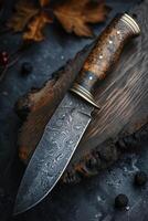 ai generado uno elegante Damasco acero cocina cuchillo en un de madera tablero foto