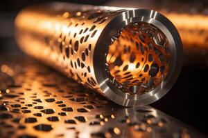 AI generated Steel cylindrical product with holes made on CNC machines . Close-up photo